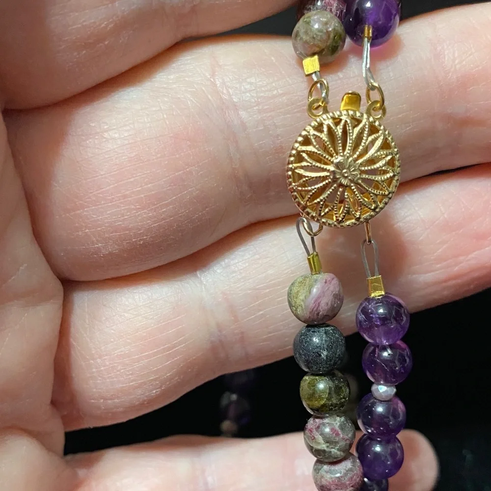 Handcrafted Natural Amethyst Natural Tourmaline double strand Beaded Bracelet
